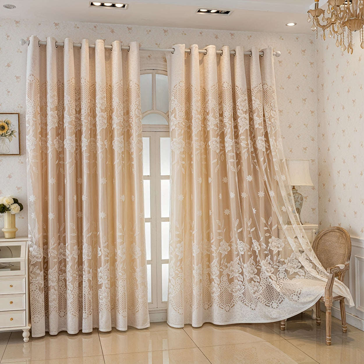 2Panels Exquisite Floral Jacquard Fabric Integrated Blackout Curtain, Top Perforated Hanging, Blackout 80%, Room Decoration Resistant, Suitable for bedroom, office, kitchen, living room, study, Room Decor,