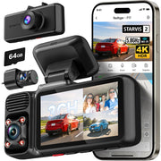 REDTIGER F17 4K 3CH Dash Cam, STARVIS 2 Sensor HDR, 64GB Card, 5.8GHz WiFi | 2160P+1080P*2 Front Inside and Rear, 4 IR Night Vision, G-Sensor, GPS Tracking, Exclusive App, WDR Car Camera, Parking Mode