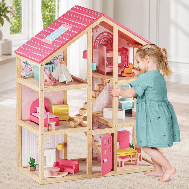 Tiny Land Wooden Dollhouse for Girls - 6 Rooms Wooden Doll House | DIY Pretend Doll House with 31Pcs Furniture Accessories, Creative Gift for Girl Ages 3+,Pink