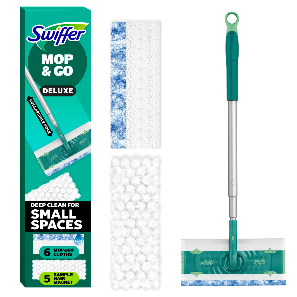 Swiffer Mop & Go Deluxe 2-in-1 Multi-Surface Kit for Floor Cleaning | Includes 1 Sweeper Device (Collapsible). 5 Heavy Duty Dry Sweeping Cloths. 6 Heavy Duty Wet Mopping Cloths. Easy to Store