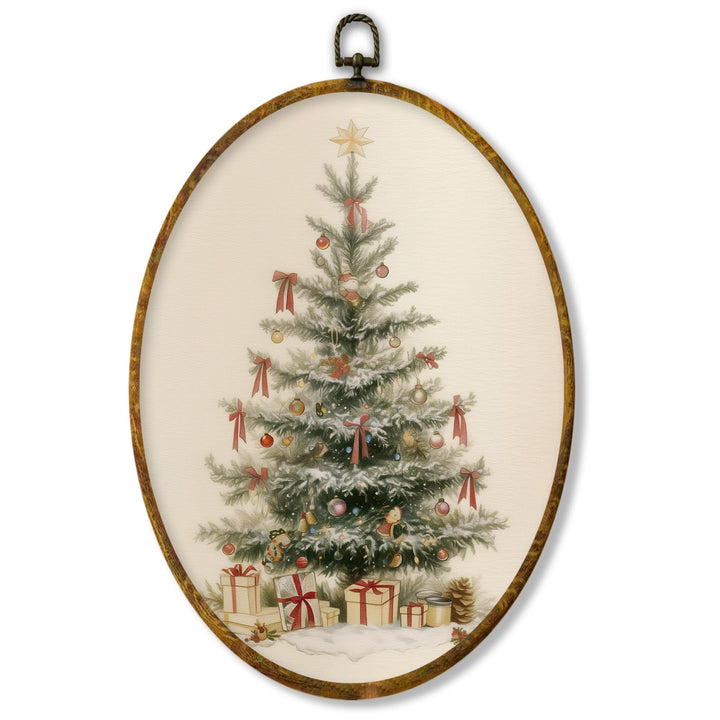XPH Vintage Christmas Tree Oval Wall Art Framed, Rustic Winter Xmas Tree Oval Wall Decor, Farmhouse Christmas Cozy Winter Hanging Canvas Prints for Home Bedroom Living Room Decoration, 8.6x11.4 Inch