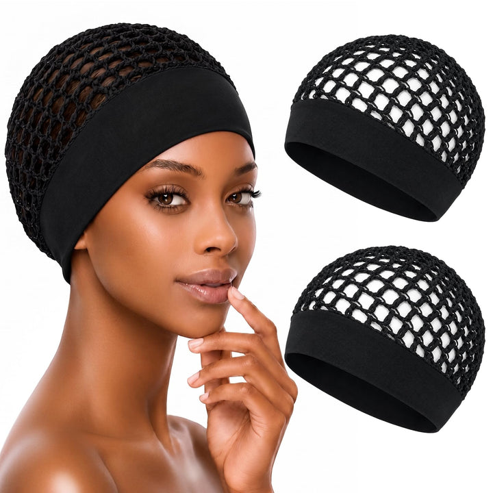 2Pcs Hair Nets for Sleeping Ultra-Wide Soft Band Crochet Hair Wrap Breathable Hairnet for Women Reusable Elastic Sleep Cap（Black，Black）