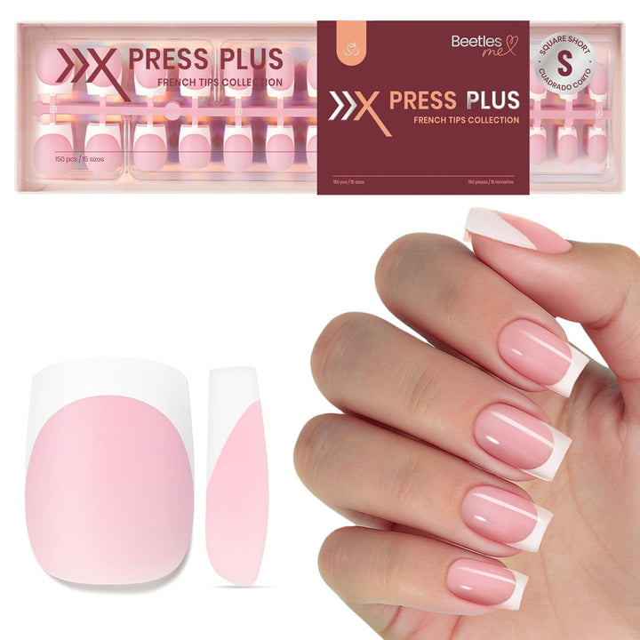 Beetles Pink French Tips Press On Nails- Short Square 150 Pcs | 15 Sizes Fake Nail Tips, Acrylic Nail Natural Salon Quality False Nails Art DIY Gifts for Women, Easy-to-Apply for Beginners