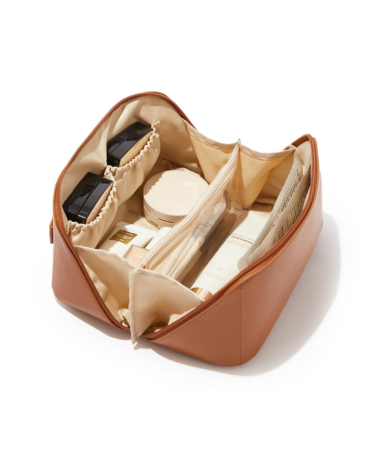 EACHY Travel Makeup Bag for Women, PU Leather Cosmetic Bag, Brown, Medium | Water-resistant PU leather exterior with flat-open access, clear TPU brush compartment and organized storage for cosmetics