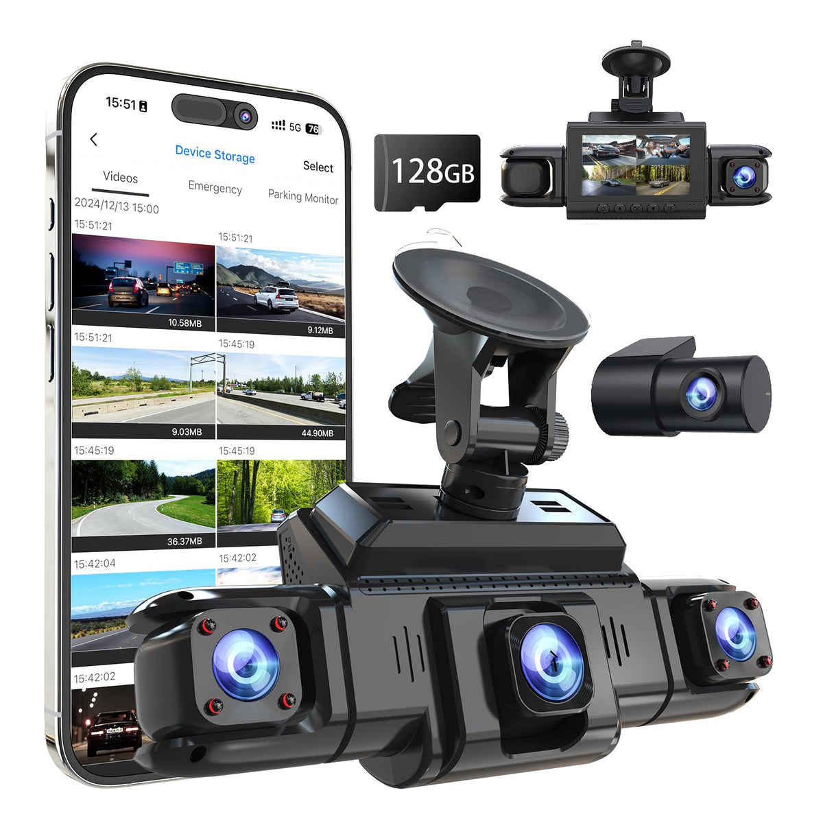 360 View 4 Channel Dash Cam Front and Rear Left Right Inside Camera for Cars, GPS and 5G Band WiFi, Night Vision, 160 Wide Angle, WDR, 24H Parking Mode, Supercapacitor, Included 128GB Card