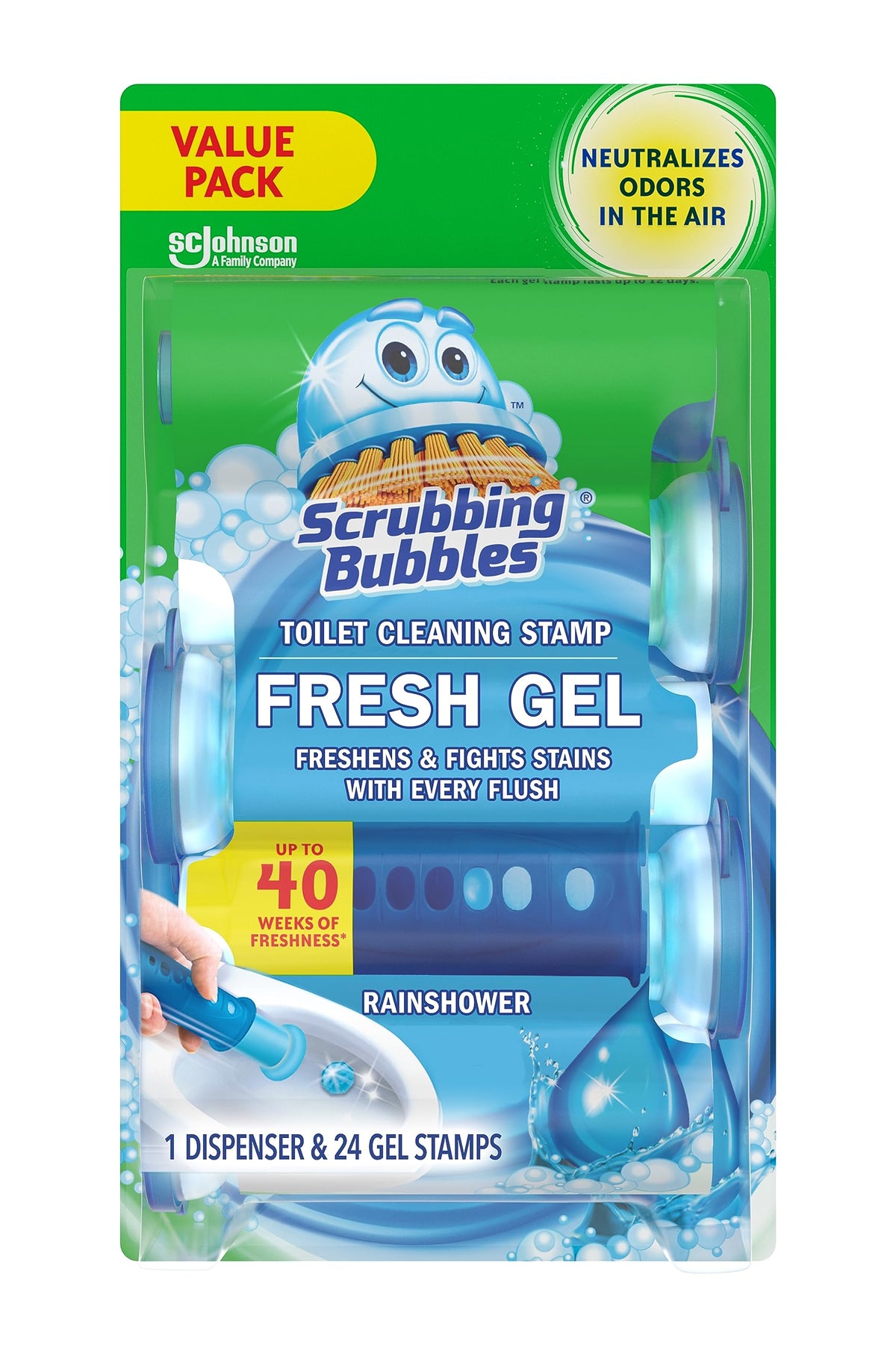 Scrubbing Bubbles Fresh Gel Automatic Toilet Bowl Cleaner, Rainshower 24 Ct | Freshens with Each Flush, Fights Odors, Hygienic, No-Touch Use, Prevents Limescale & Hard Water Rings, Lasts up to 40 Weeks