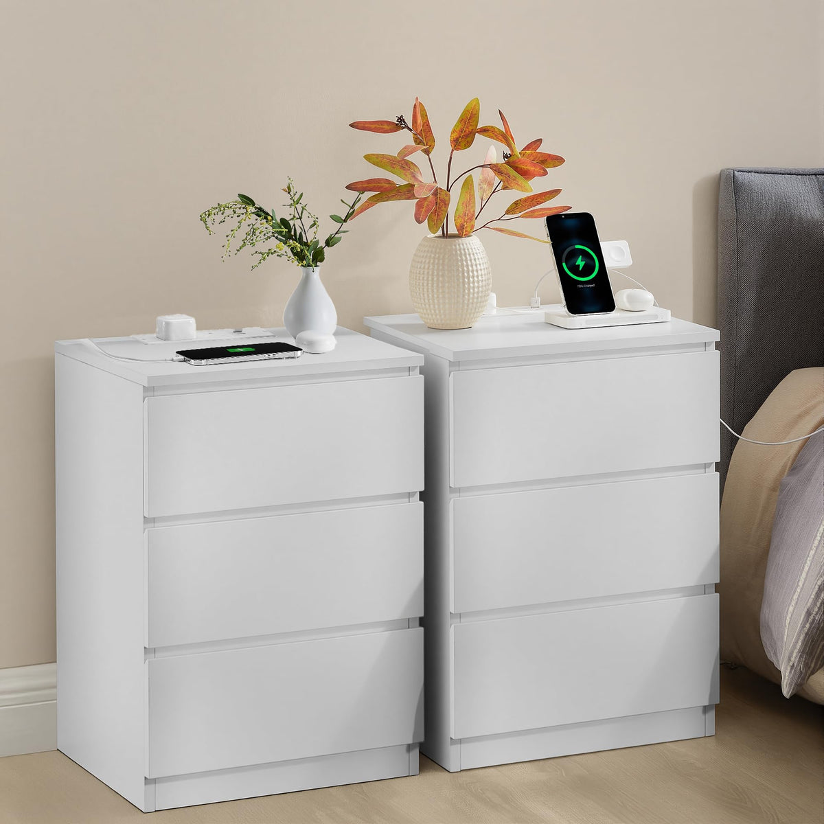 VASAGLE Bedside Tables, Set of 2, 3 Drawers, 2 AC Outlets, 2 USB Ports | Modern Side End Tables with Power Strip, Set of 2, for Living Room, Bedroom, Cloud White, KAILYN Collection LET831W15