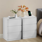 VASAGLE Bedside Tables, Set of 2, 3 Drawers, 2 AC Outlets, 2 USB Ports | Modern Side End Tables with Power Strip, Set of 2, for Living Room, Bedroom, Cloud White, KAILYN Collection LET831W15