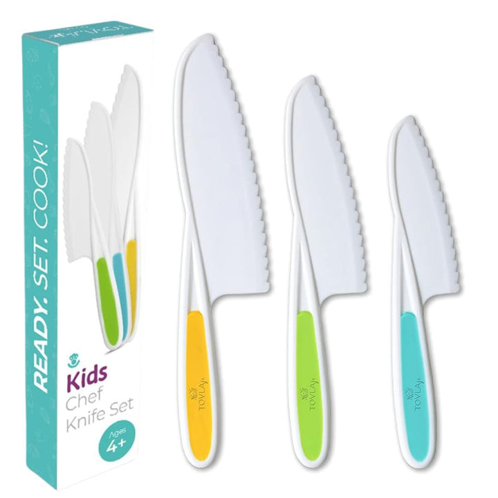 Tovla Jr. Kid Safe Knife Set for Real Cooking | Children Knives | Ages 4-12 | Montessori Kitchen Tools | Kids Kitchen Knife Set of 3 | BPA Free Dishwasher Safe | Birthday Christmas Gift Stocking Stuffer