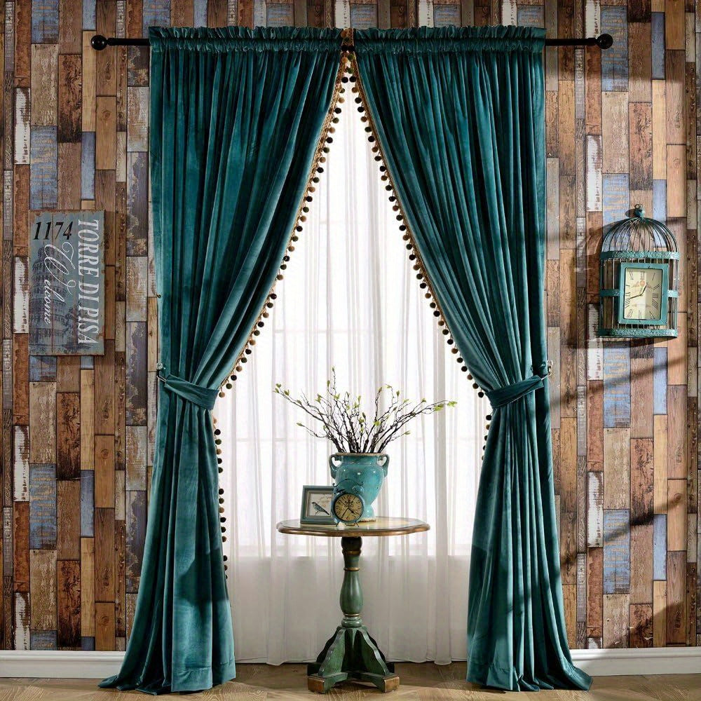 2pcs Pom Poms Velvet Curtains Extra Wide for Patio Doors, Vintage Luxury Bedroom Living Room Thermal Insulated Rod Pocket Window Drapes, Antique Green