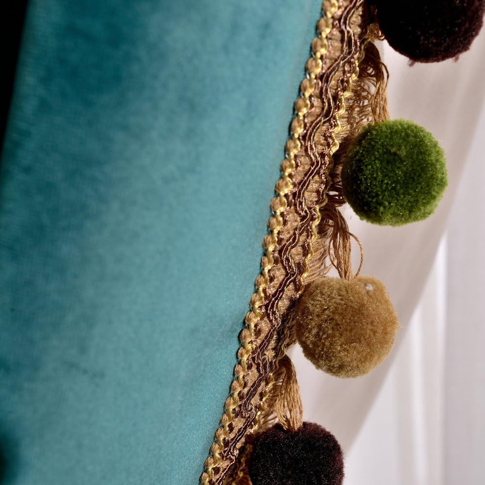 2pcs Pom Poms Velvet Curtains Extra Wide for Patio Doors, Vintage Luxury Bedroom Living Room Thermal Insulated Rod Pocket Window Drapes, Antique Green