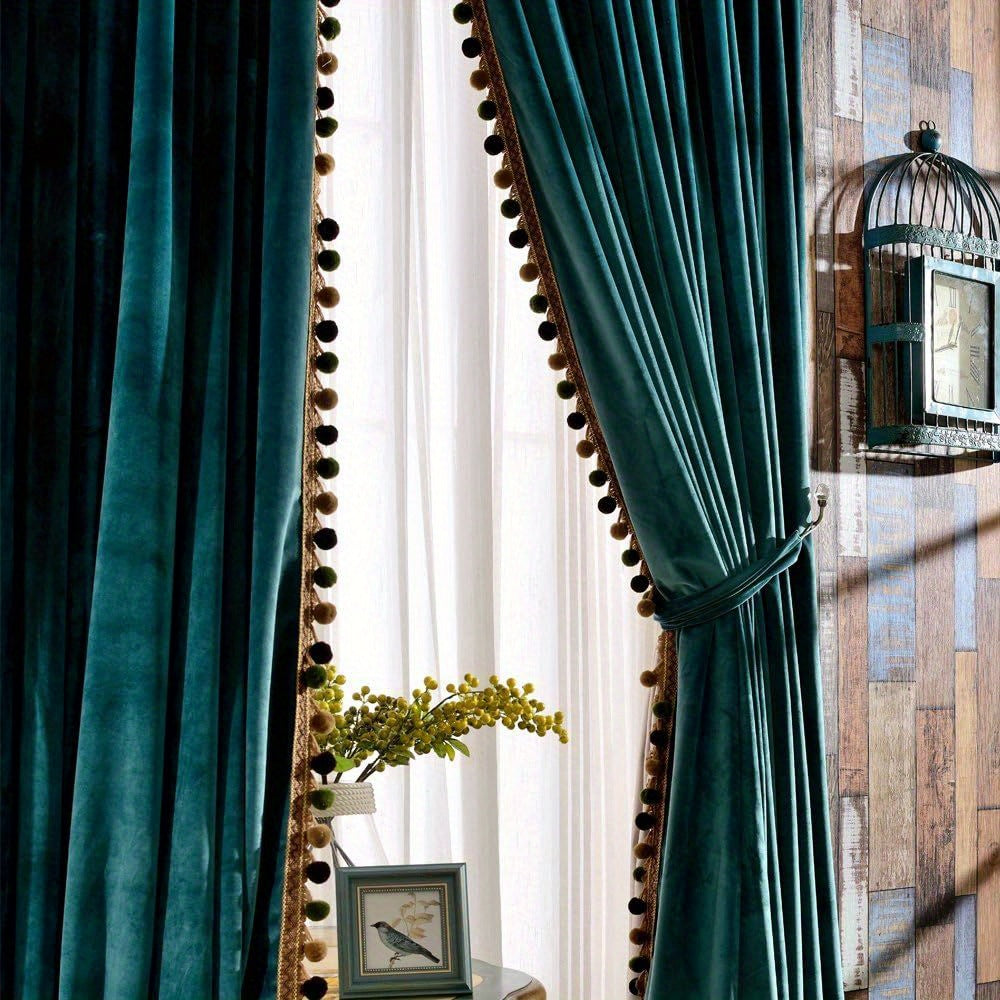 2pcs Pom Poms Velvet Curtains Extra Wide for Patio Doors, Vintage Luxury Bedroom Living Room Thermal Insulated Rod Pocket Window Drapes, Antique Green