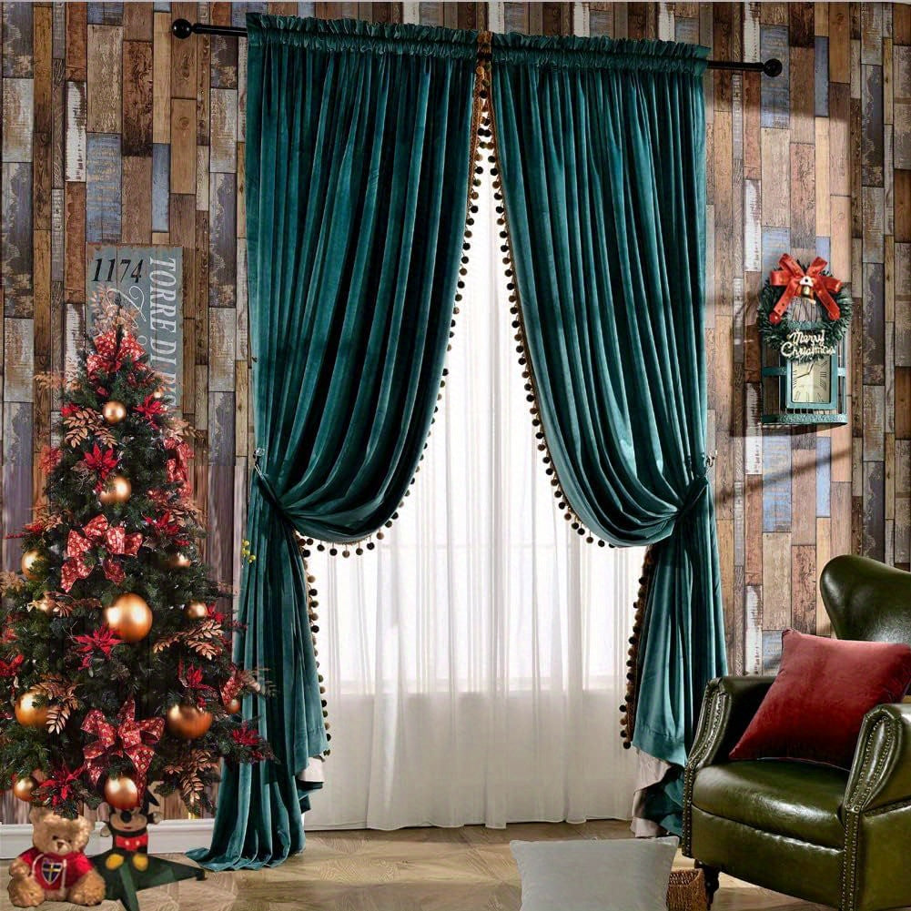 2pcs Pom Poms Velvet Curtains Extra Wide for Patio Doors, Vintage Luxury Bedroom Living Room Thermal Insulated Rod Pocket Window Drapes, Antique Green