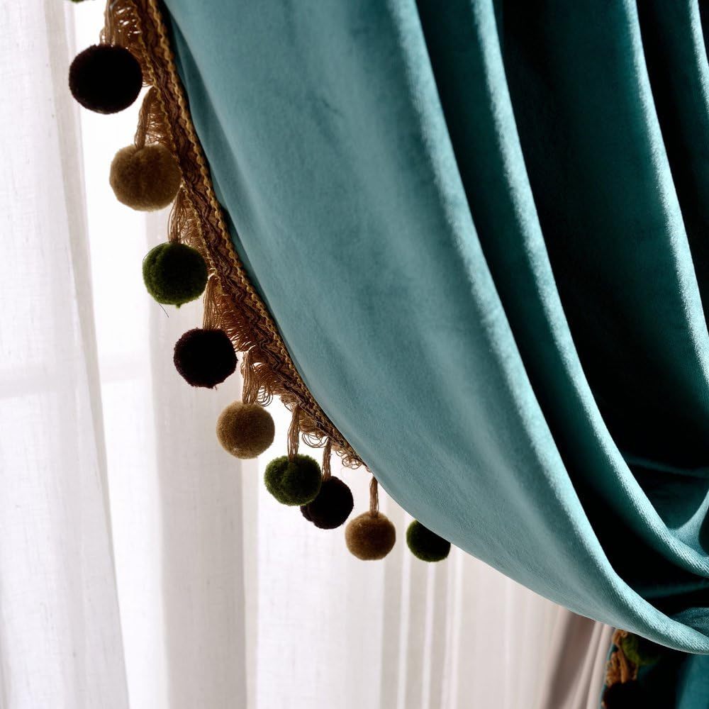 2pcs Pom Poms Velvet Curtains Extra Wide for Patio Doors, Vintage Luxury Bedroom Living Room Thermal Insulated Rod Pocket Window Drapes, Antique Green