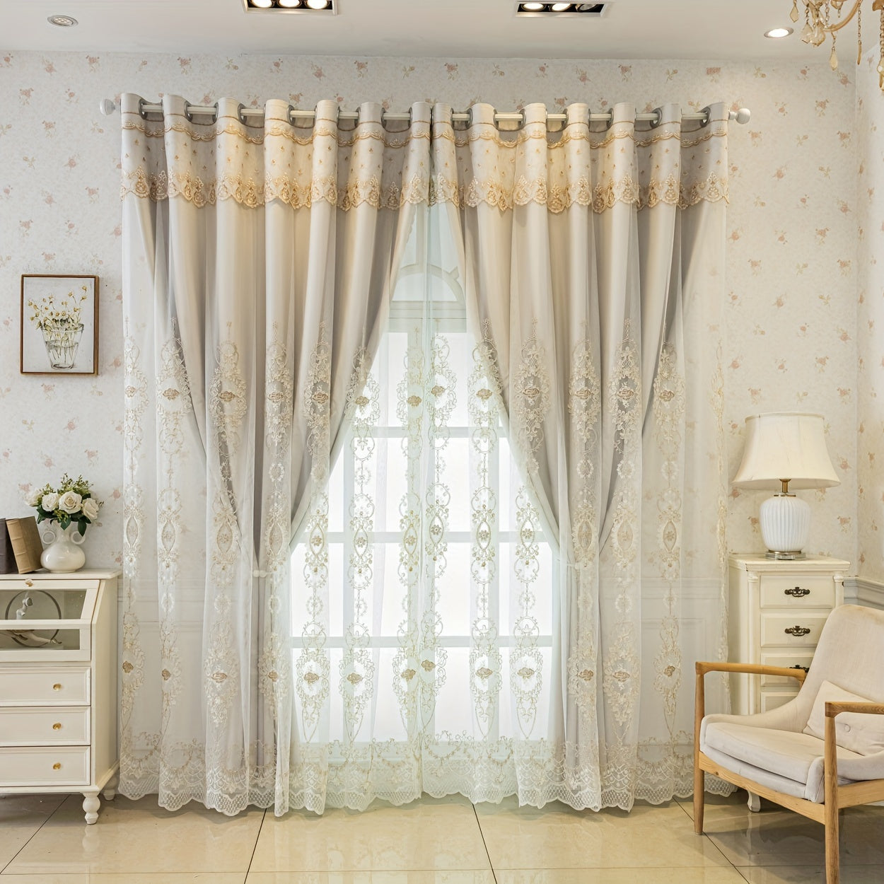 2pcs Double Layered Embroidered Blackout Curtains, Living Room, Bedroom, Dining Room, Kitchen, European Romantic Bay Window Curtains, Embroidered Curtains, Home Decoration