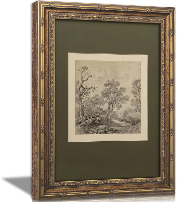 Vintage Gold Framed Wall Art Tree Forest Landscape Painting Canvas Prints Green Gray Tree Natural Sketch Picture Rustic Farmhouse Poster Artwork for Living Room Bedroom Bathroom, 9x11in