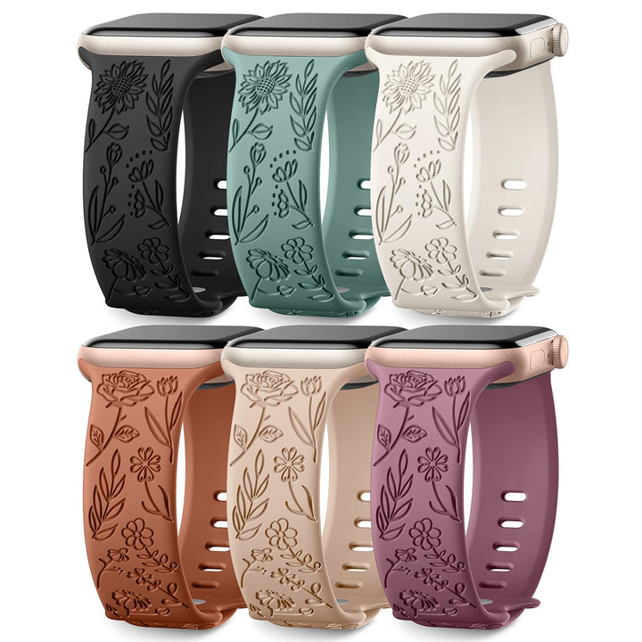 6 Pack Floral Engraved Bands Compatible with Apple Watch for Women | Cute Silicone Straps for Series 12 11 10 9 8 7 6 5 4 SE 3/2/1 Ultra, Wristband for iWatch 42mm 40mm 41mm 38mm 44mm 45mm 46mm
