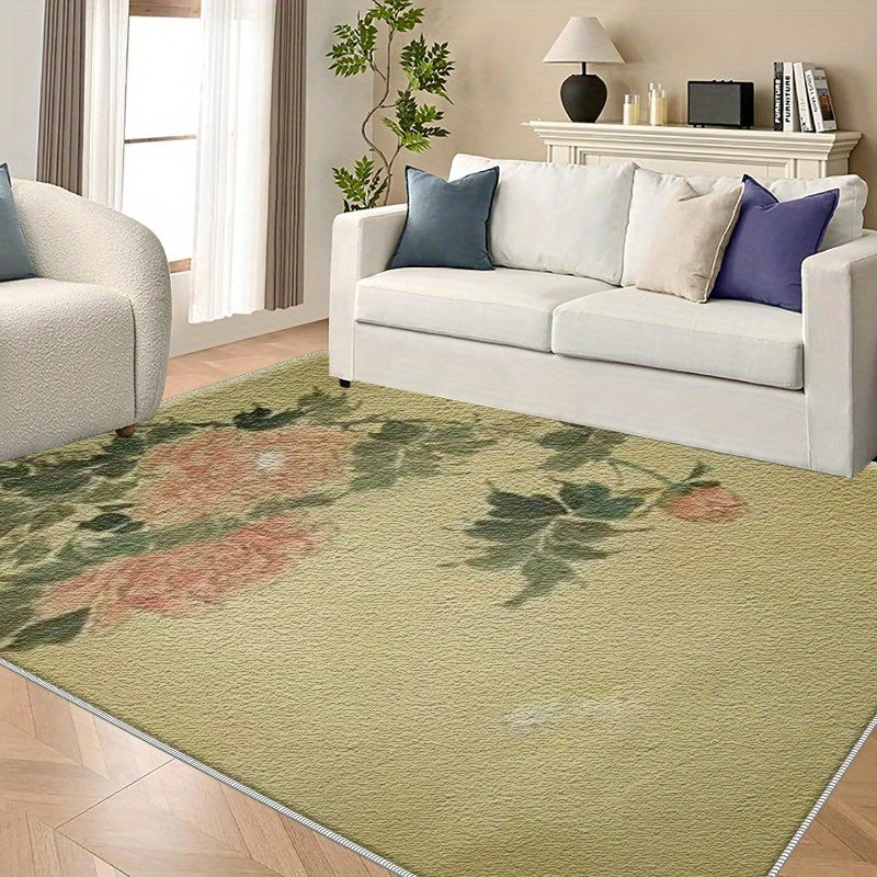 1pc Traditional Chinese Painting Style Area Mat - Lightweight, Washable & Easy to Maintain, Rectangular Polyester with Rubber Backing, Vibrant Floral Design for Living Room, Bedroom, Study, Hallway, Balcony - Indoor Floor Mat, Rugs for Living Room