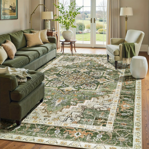 1pc of an Oriental Green Area Rug Featuring a Central Floral Design, Machine Washable, Non-Slip, Colorfast, Shedding-Free, Soft And Attractive, Low Pile, Ideal for Bedrooms, Living Rooms, Dining Areas, Home Decoration, And Various Rooms