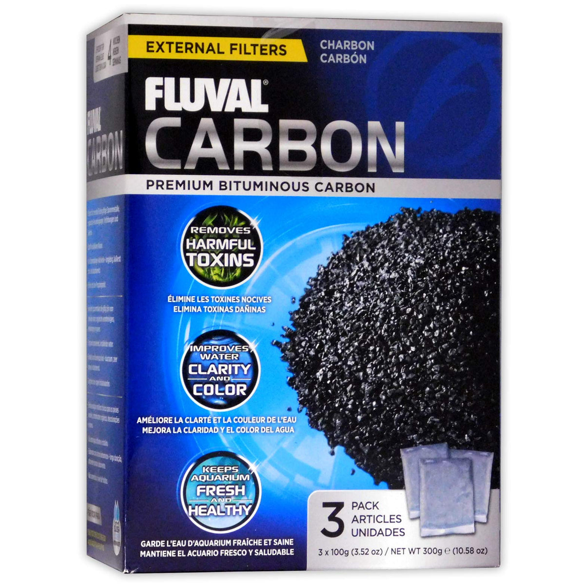 Fluval Carbon Filter Media for Aquariums, 3 Count, 100-gram | Premium Bituminous Carbon Inserts, Nylon Bags, A1440