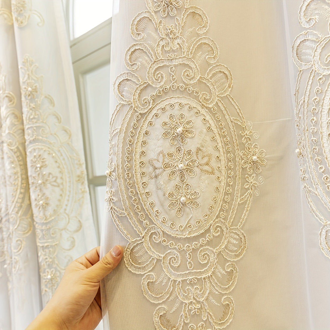 2Panels Exquisite Cloth Yarn Integrated Embroidered Blackout Curtains, Modern Polyester Artificial Pearl Decoration, Elegant Blackout Curtains Suitable For Bedrooms, Enhanced Privacy And Style, Perfect For Modern Home Decor.