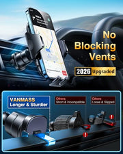 [True Military-Grade] Car Phone Holder VANMASS [Upgraded Strongest Suction&Clip] Cell Phone Mount for Dashboard Windshield Vent Kit, Truck Cradle Stand for iPhone 18 Pro Max 17 16 15 Android,Ink Black