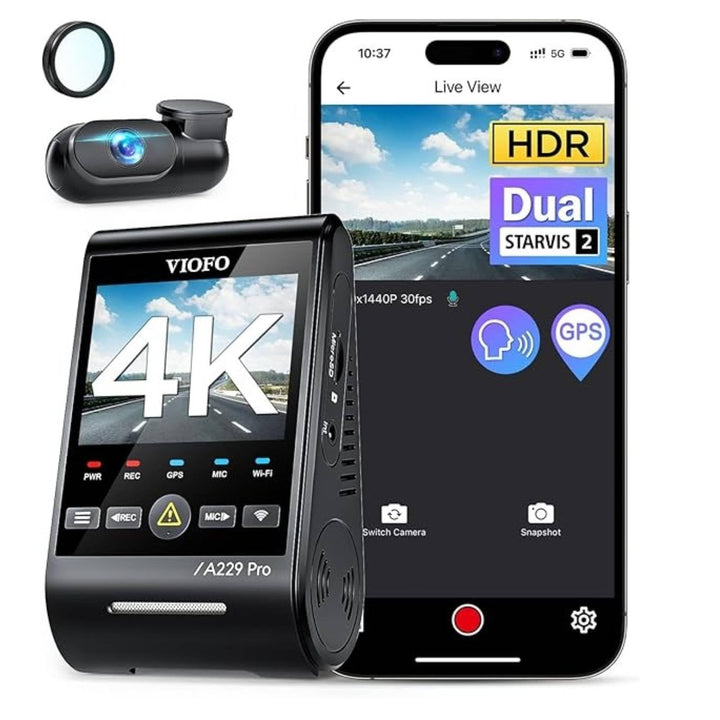 VIOFO A229 Pro 4K HDR Dash Cam Front and Rear, Dual STARVIS 2 Sensors | 4K Front and 2K Rear, IMX678 & IMX675 sensors, 5GHz Wi-Fi, GPS, Voice Control, Buffered 24H Parking Mode, Night Vision 2.0