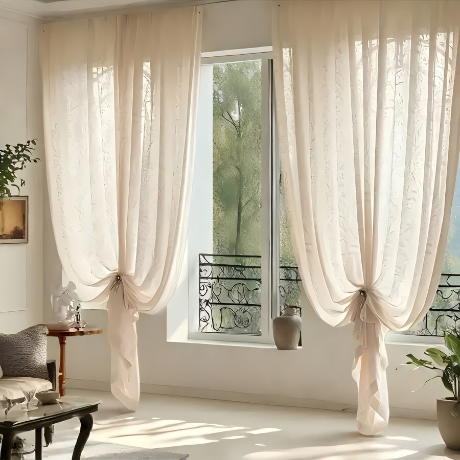 4-Panel French-Style Lace Sheers - Semi-Sheer Window Curtains with Moon Branch & Pattern, Beige Filtering Panels Suitable for, Bedroom, Balcony - Machine Washable (No Hardware\u002FRod Not Included)