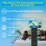 Rechargeable TV Remote for Samsung Smart TVs, Replacement for All 2019-2026 Samsung TV Remote Control with Voice Control. USB-C Fast Charging. Solar Charging. 2-Year Warranty.