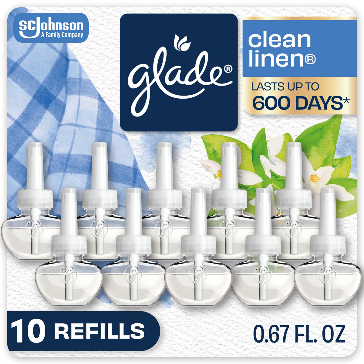 Glade PlugIns Air Freshener Refills, Clean Linen, 10 Count | 0.67 fl oz Each, Includes 10 Refills, Scented and Essential Oils for Home and Bathroom Use, Fits Glade PlugIn Warmer