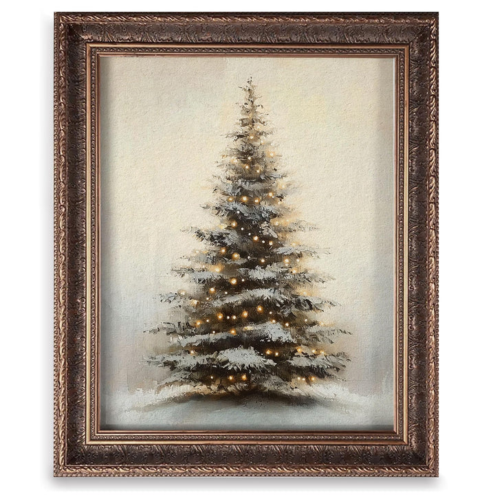 Vintage Christmas Tree Wall Art Print, Snowy Pine Artwork with Warm Lights, Neutral Nostalgic Winter Decor for Living Room, Mantel, Entryway, Bedroom, Dining Room, Farmhouse and Cabin，Unframed