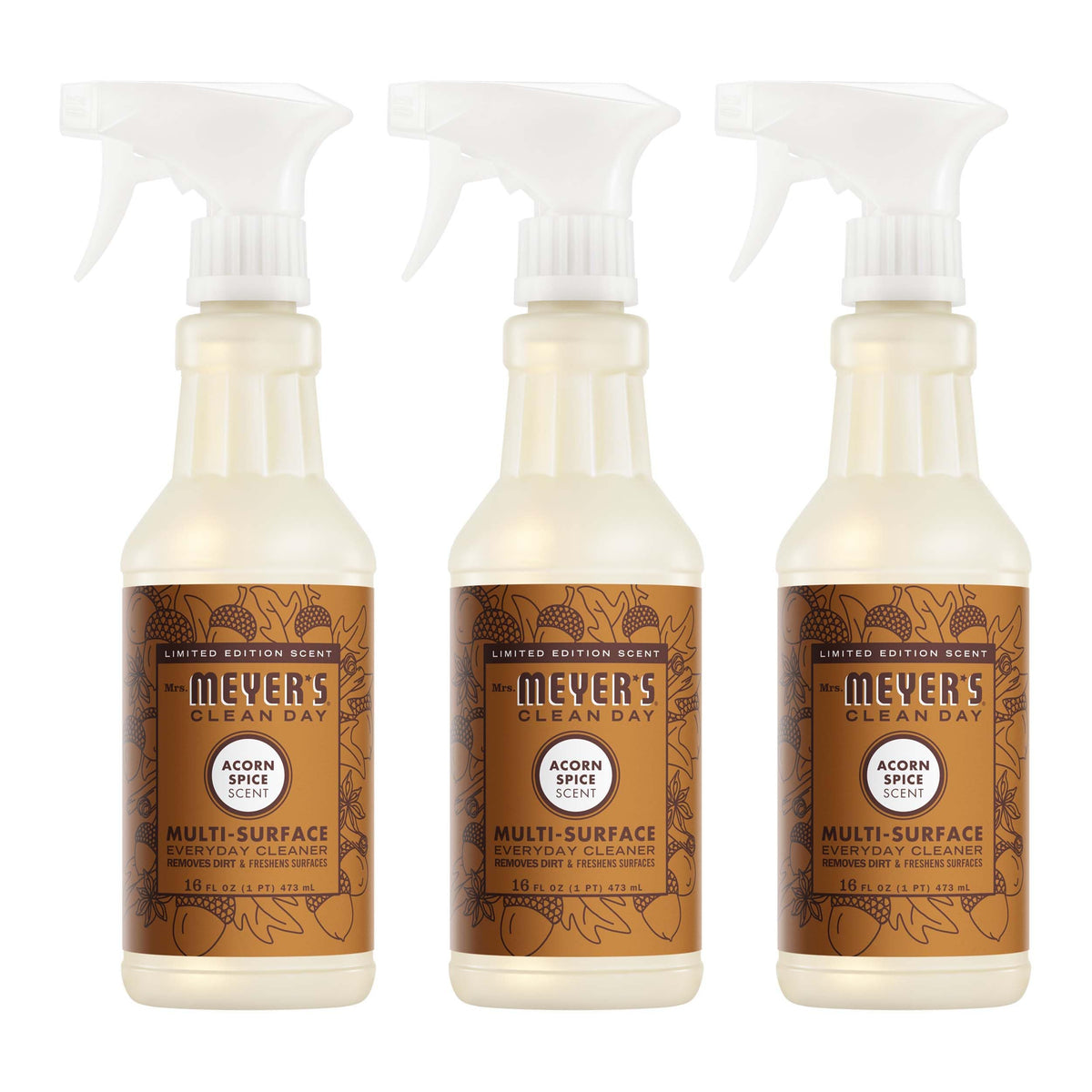 MRS. MEYER'S CLEAN DAY Multi-Surface Cleaner, Acorn Spice, 16 fl oz, 3 Pack | Removes Dirt and Freshens Surfaces, Everyday Use, All-Purpose Cleaner, Cruelty Free, Made with Essential Oils