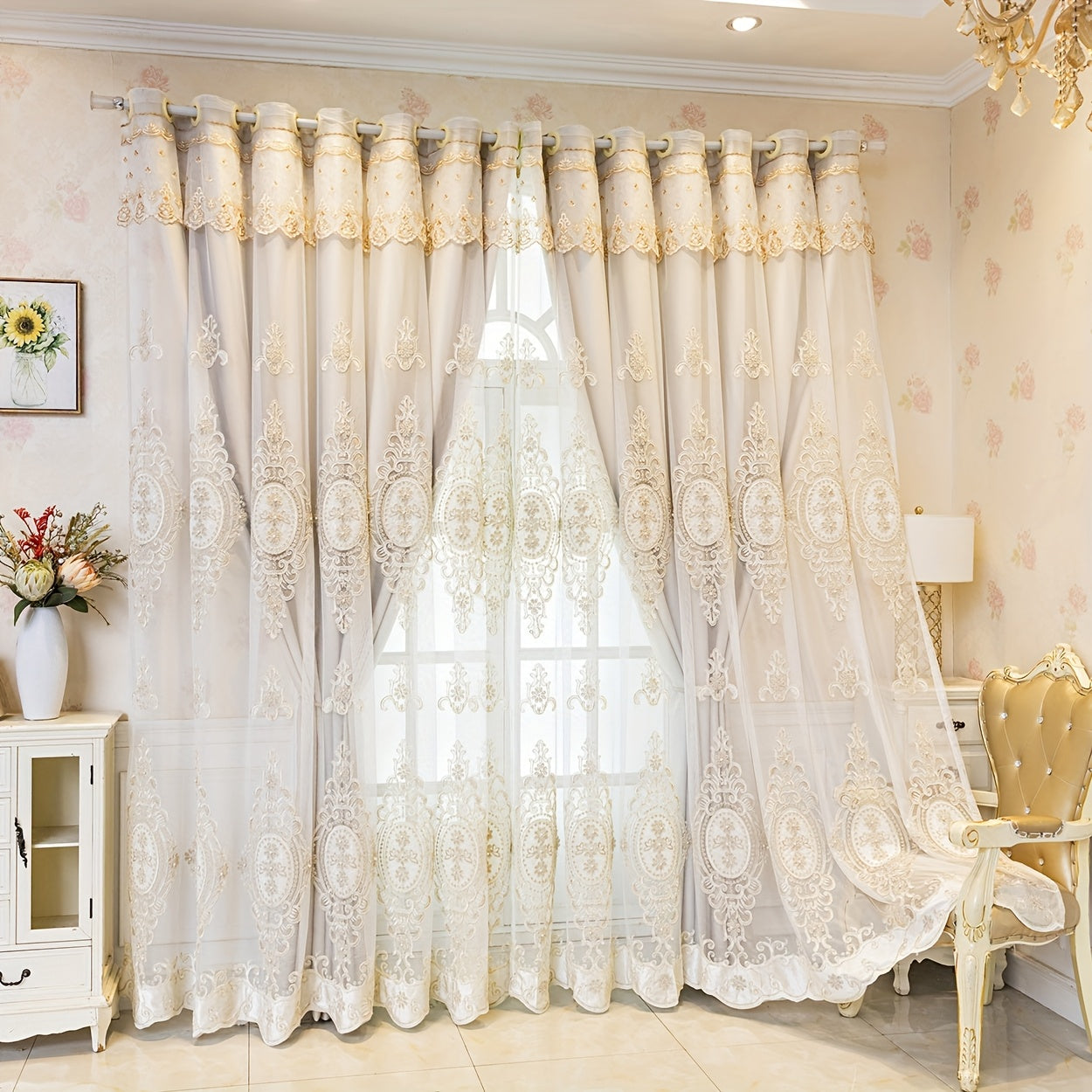 2Panels Exquisite Cloth Yarn Integrated Embroidered Blackout Curtains, Modern Polyester Artificial Pearl Decoration, Elegant Blackout Curtains Suitable For Bedrooms, Enhanced Privacy And Style, Perfect For Modern Home Decor.