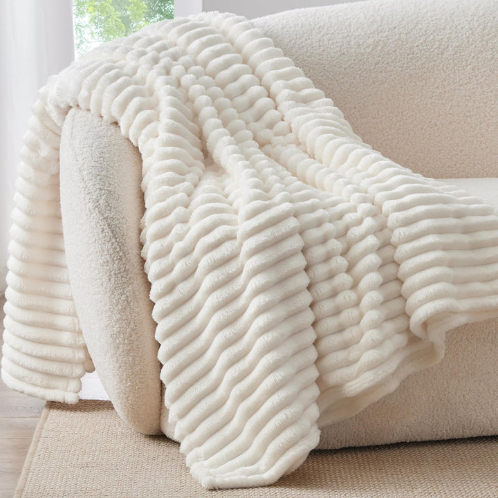 BEDELITE Ribbed Fleece Throw Blanket for Couch, Cream, 50"x60" | Ultra-Soft Plush Fleece, Cozy, Warm Yet Lightweight, Ribbed Texture, Home Decor, Machine Washable, Giftable, All-Season Use