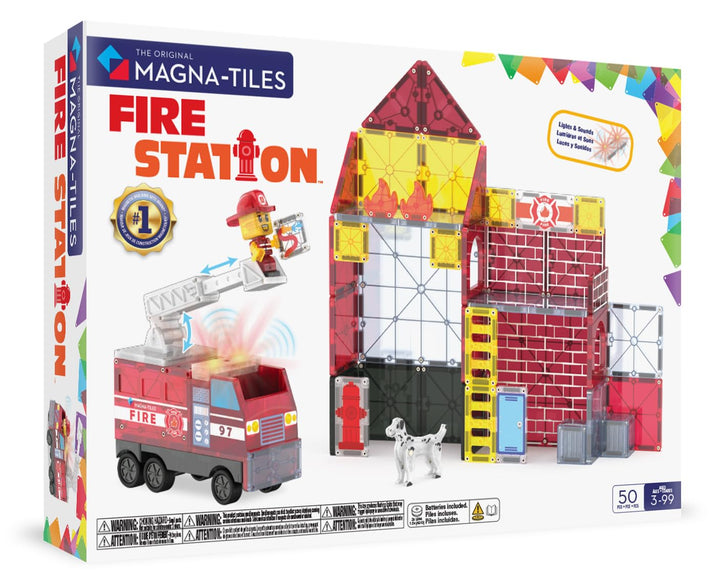 MAGNA-TILES Fire Station 50-Piece Magnetic Construction Set, The Original Magnetic Building Brand