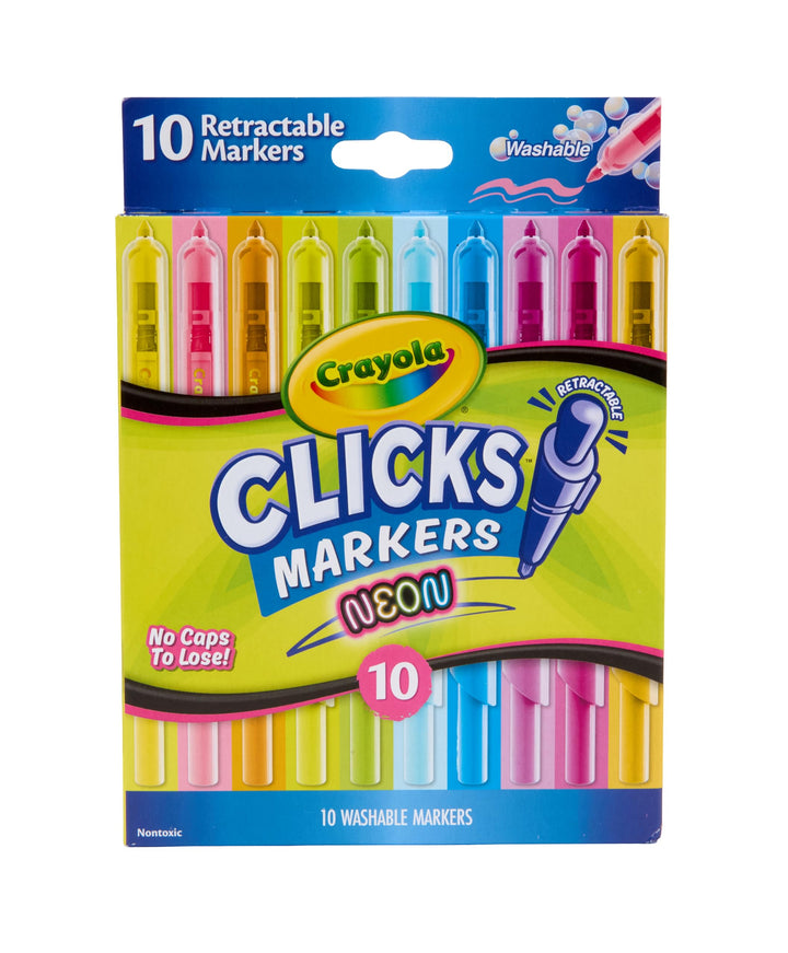 Crayola Clicks Retractable Tip Neon Washable Markers 10ct, School Supplies | Aesthetic School Supplies, Teacher Must Haves, Coloring Gifts for Boys & Girls, 8+