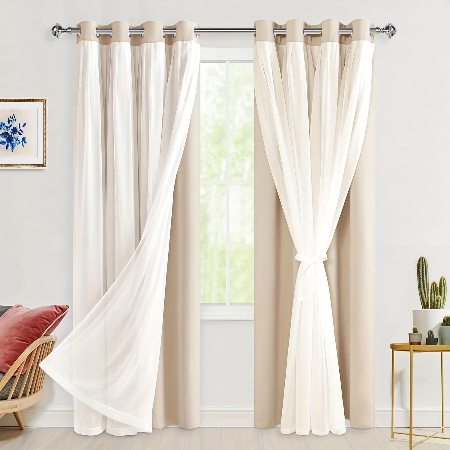 2 Panels Blackout Curtains with Sheer Overlay Thermal Insulated Mix & Match Double Layer Window Panels for Bedroom Living Room Drape Sewn with Tiebacks Grommet Top