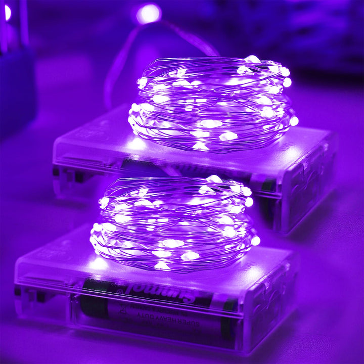 YAOZHOU Halloween Decorations Purple Fairy String Lights, Battery Operated | 2 Pack Each 16.5Ft 50Led Timer Mini Copper Wire Firefly Lights Indoor, Outdoor Battery Powered DIY Christmas Party Decor