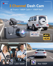 Dash Cam Front and Rear Inside, 4K Full HD 3 Channel Dash Camera for Car