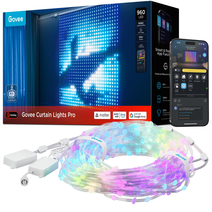 Govee Smart Curtain Lights Pro, 960 LEDs, 5.4×5.7ft for Holiday Decor | Smart LED Curtain Lights with DIY GIF AIGC, Splicable, RGBIC Color Changing Holiday Lights, Outdoor IP67 Waterproof