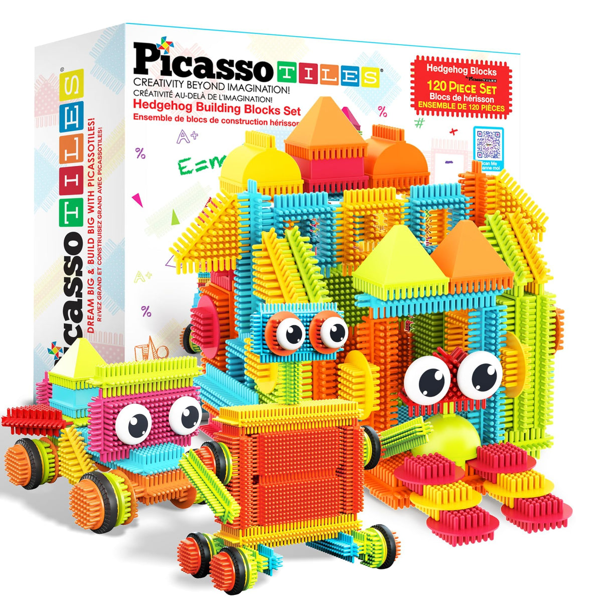 PicassoTiles 120 Piece Hedgehog Bristle Blocks STEM Building Toy Ages 3+ | Soft rubbery texture, easy-connect forms, BPA-free & lead-safe material, 20+ 3D designs, hand-eye coordination & sorting play