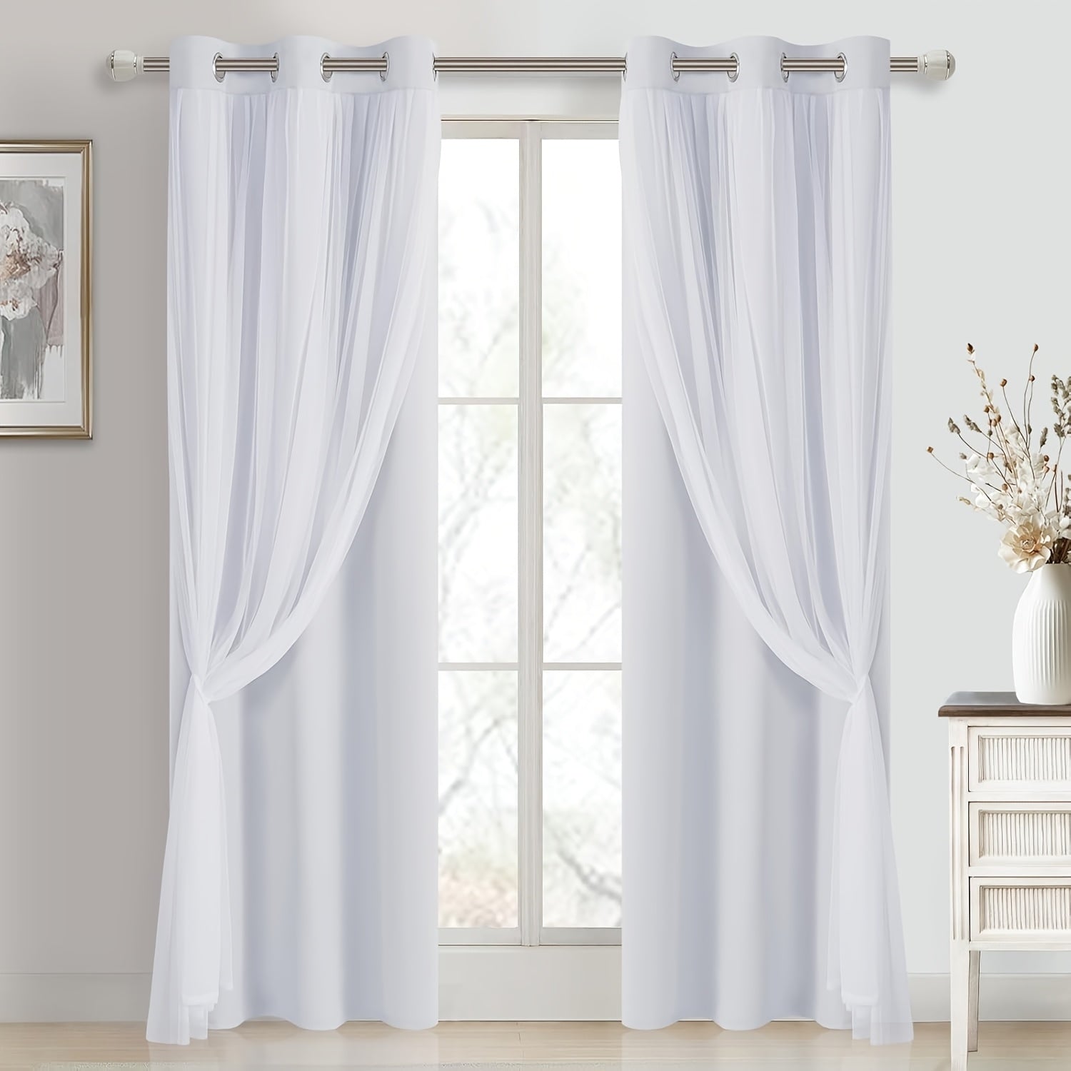 2 Panels Blackout Curtains with Sheer Overlay Thermal Insulated Mix & Match Double Layer Window Panels for Bedroom Living Room Drape Sewn with Tiebacks Grommet Top
