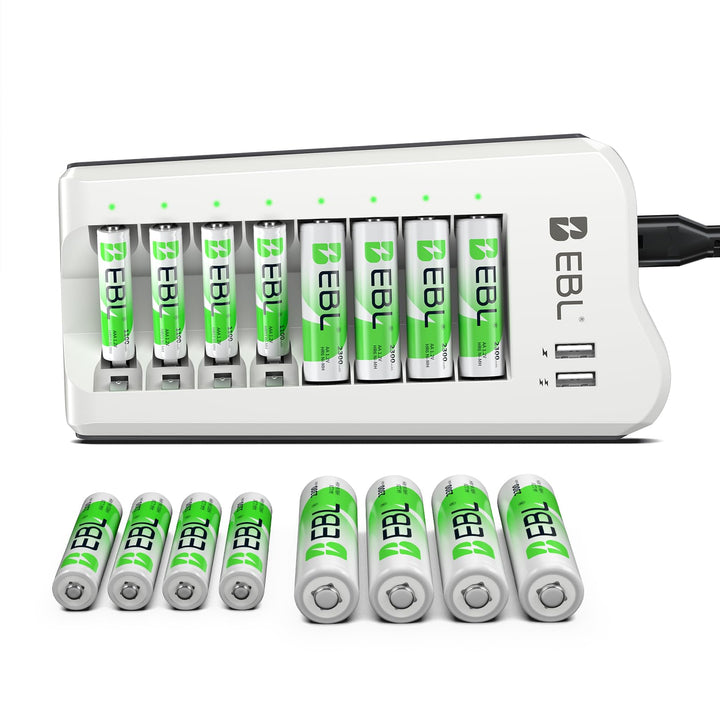 EBL AA AAA Battery Charger, 8 AA 2300mAh & 8 AAA 1100mAh NiMH, 2 USB Ports | 8-Bay AA AAA Individual Dual USB ports charge your phone while AA & AAA batteries power remotes, cameras, flashlights, toys