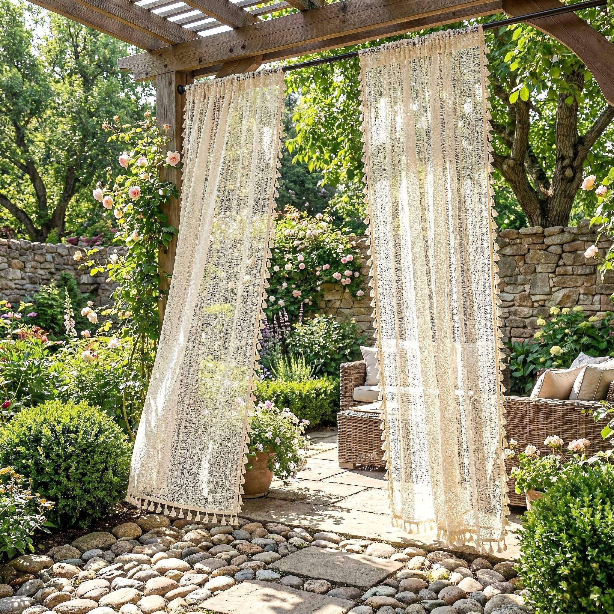 Two Pieces of Lightweight Sheer Curtains in a Bohemian Style, Featuring a Unique Lace Design in Coordinating Colors. This Trendy Bohemian Aesthetic Is Breathable And Airy, Perfect for Spring And Summer, And Ideal for Home Gardens, Gazebos