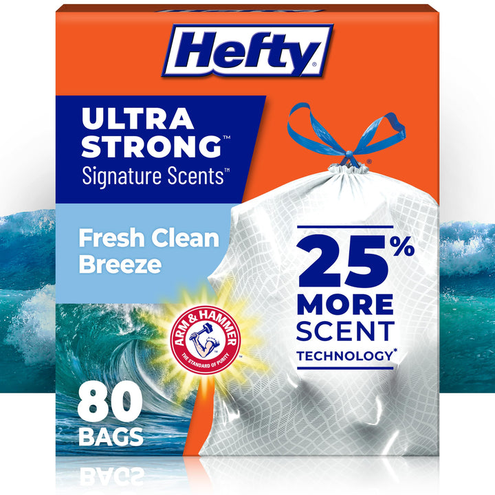 Hefty Ultra Strong Signature Scents 13G Trash Bags, Fresh Clean, 80ct | 13 Gallon White Kitchen Trash Bags with 25% More Scent Technology, Resists Leaks, Punctures, Tears, Odor Control