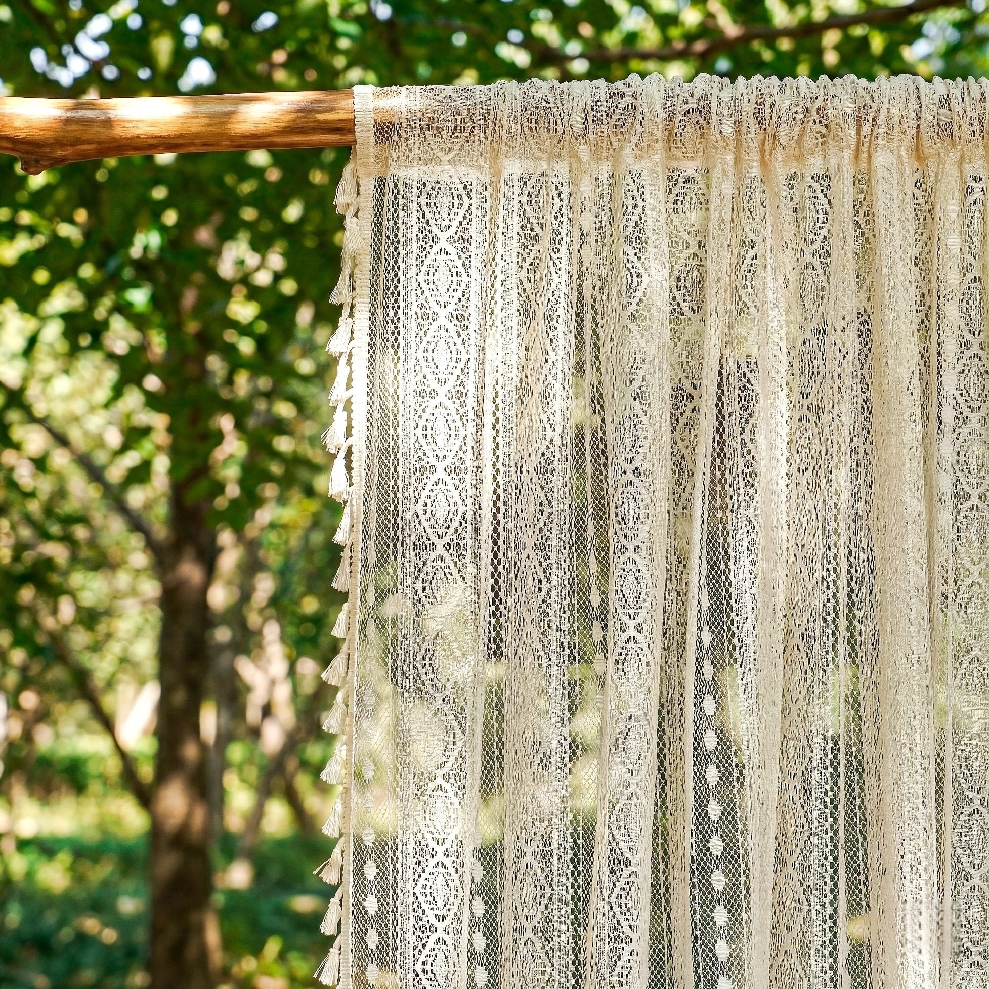 Two Pieces of Lightweight Sheer Curtains in a Bohemian Style, Featuring a Unique Lace Design in Coordinating Colors. This Trendy Bohemian Aesthetic Is Breathable And Airy, Perfect for Spring And Summer, And Ideal for Home Gardens, Gazebos