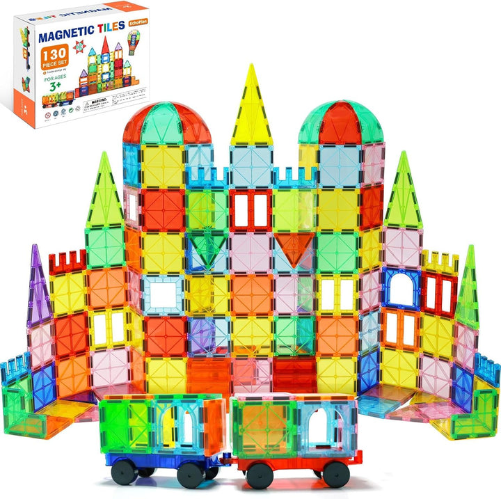 EchoPlan Magnetic Tiles,130PCS Magnetic Blocks with 2 Cars for Kids | Magnet Tiles 3D Clear Building Blocks Set, STEM Sensory Educational Toys Gift for Toddlers Boys 3 4 5 6 7 8 9 10 11+ Year Old