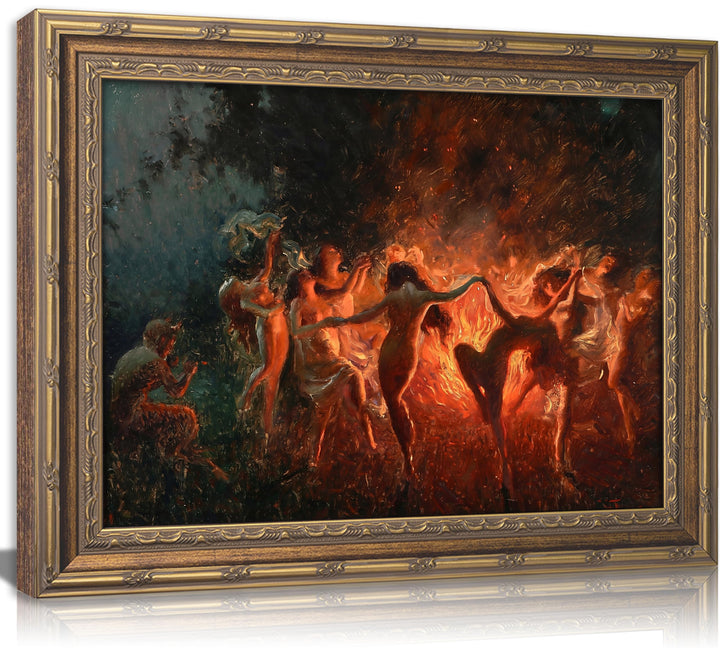 Vintage Gold Framed Gothic Wall Art, Fire Dance Oil Painting Canvas Prints, Witchy Nymph Picture Wall Decor, Dark Academia Mystical Fantasy Demonic Poster for Bedroom Living Room, Halloween Gifts