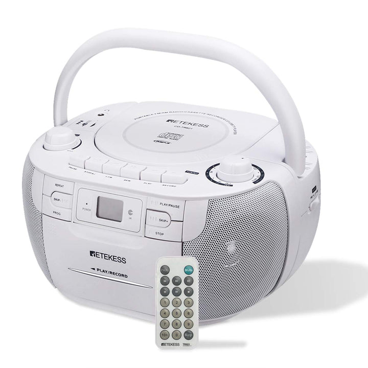 Retekess TR621 CD and Cassette Player Combo, Boombox CD Player(White) | for Home, AM/FM, Tape Recording, TF/USB Drive, AC or D Battery Powered, Headphone Jack, Stereo Sound