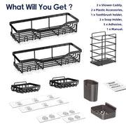 NESOMI 7-Pack Shower Caddy Adhesive,Stainless Steel Shower Organizer Shelf | Rustproof, with Soap Dish Toothbrush Holder, Large Capacity, No-Drill Rack Bathroom Storage Accessories, 24 Hooks, Home Decor